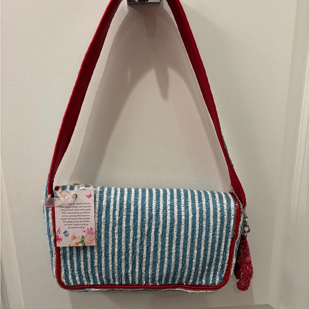 NWT Beaded Striped Blue and Red Lobster Bag w/lobster charm - Picture 3 of 8